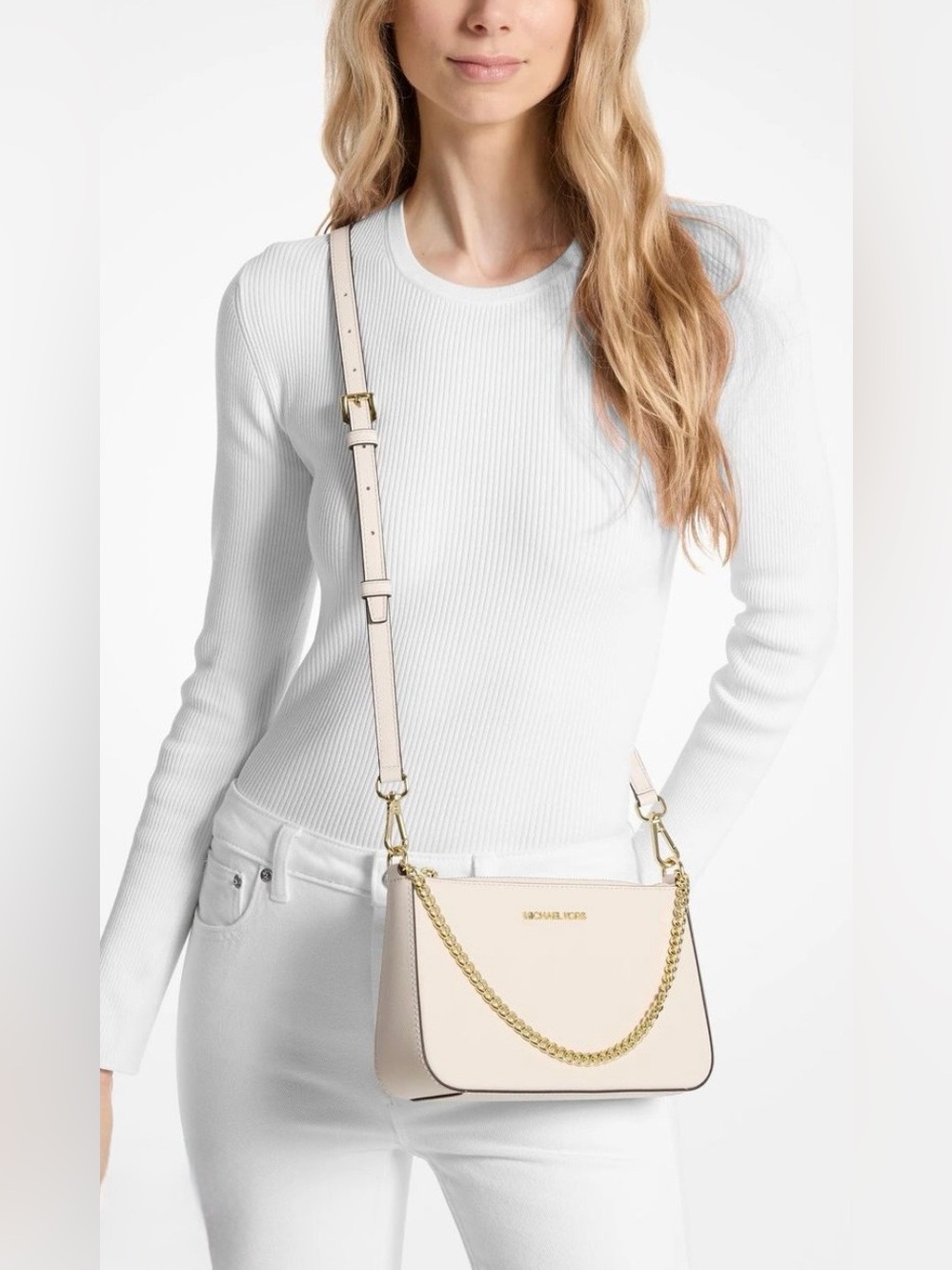 Michael Kors Pale Cream Leather Chain-Trim Crossbody Bag
